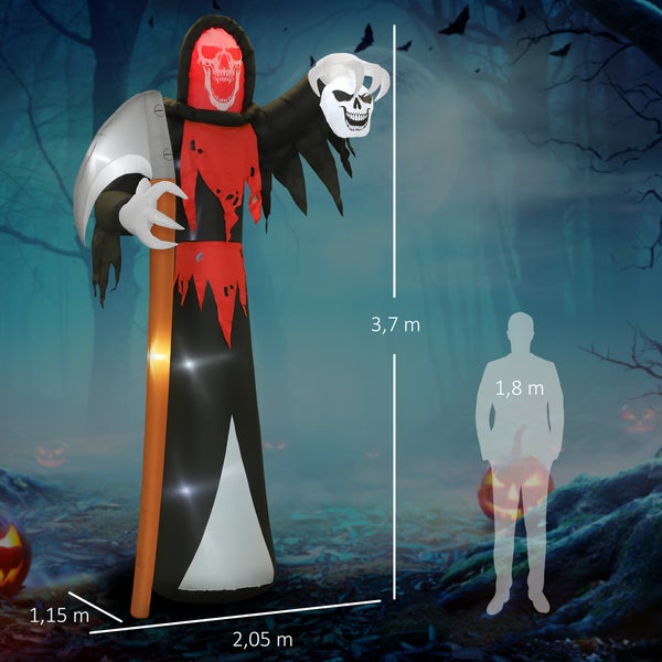 Halloween Deko-Figur als Sensenmann, aufblasbar, mit LED-Beleuchtung und den Maßen 3,7 m Höhe, 1,15 m Breite und 2,05 m Tiefe