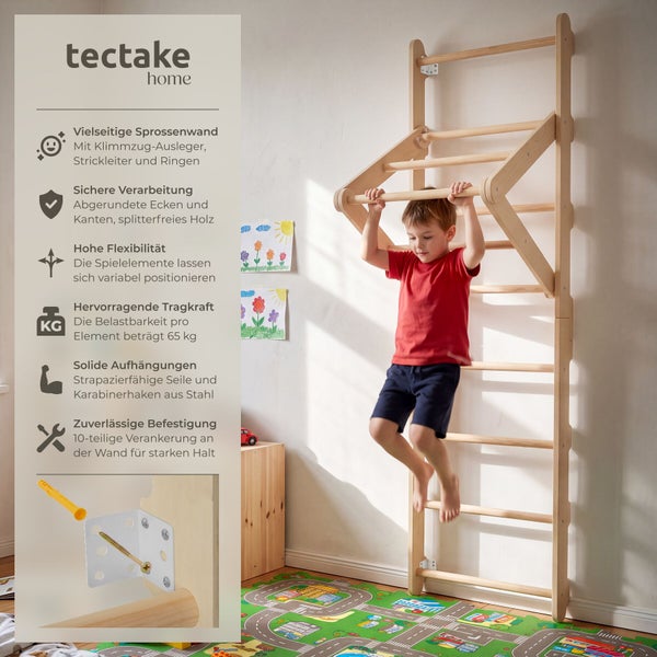 Ein Kind klettert an einer Sprossenwand aus Holz von Tectake Home mit integriertem Klimmzugausleger, inklusive Infografik zu den Produktmerkmalen.