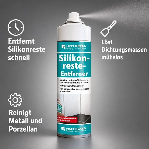 HOTREGA Silikonreste Entferner Spray zur schnellen und mühelosen Beseitigung von Silikon und Dichtungsmassen auf Metall und Porzellan.
