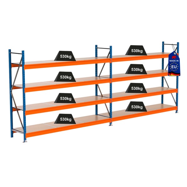 Belastbares Lagerregal mit mehreren Ebenen und einer Traglast von 530 Kilogramm pro Ebene.