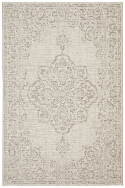 Rechteckiger Teppich mit zentralem Medaillon und orientalischem Muster im Vintage-Stil.