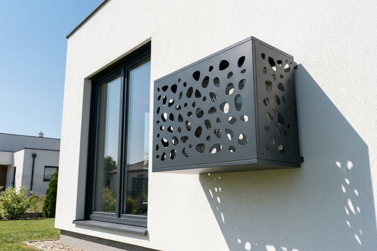 Grauer Klimaanlagenverkleidungskasten mit organischem Lochmuster an einer Hauswand montiert