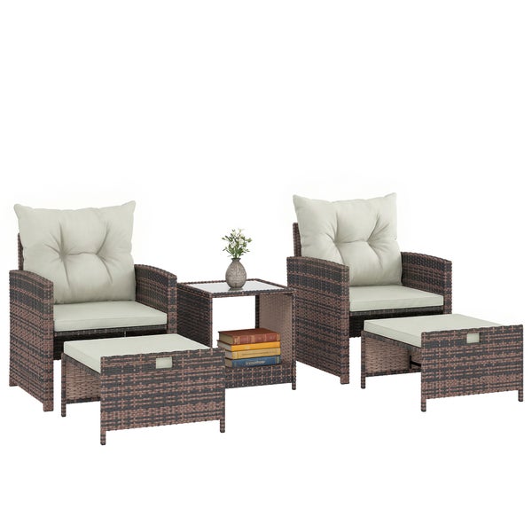 Garten-Lounge-Set aus Polyrattan, bestehend aus zwei Sesseln mit Polstern, zwei Hockern und einem Beistelltisch mit Glasplatte.