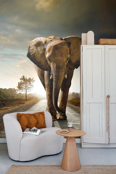 Wohnzimmer mit Sessel, Beistelltisch und Fototapete mit Elefantenmotiv