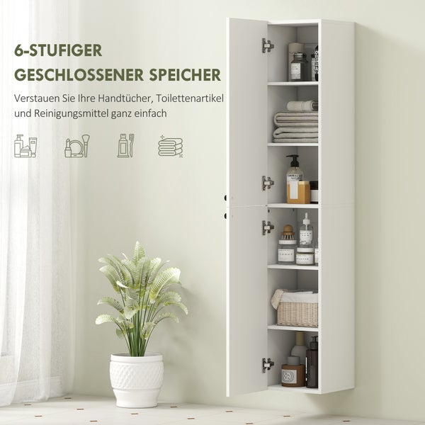 Moderner, weißer Badezimmer-Hochschrank zur Wandmontage mit sechs Ebenen für Handtücher und Toilettenartikel, übersichtlich und organisiert.