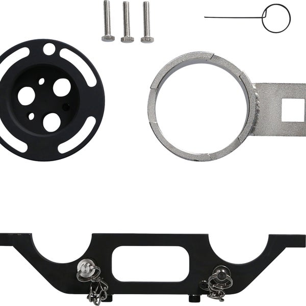 Werkzeugsatz für die Motorreparatur, bestehend aus Riemenscheibenhalter, Gegenhalter, Fixierdorn und Schrauben