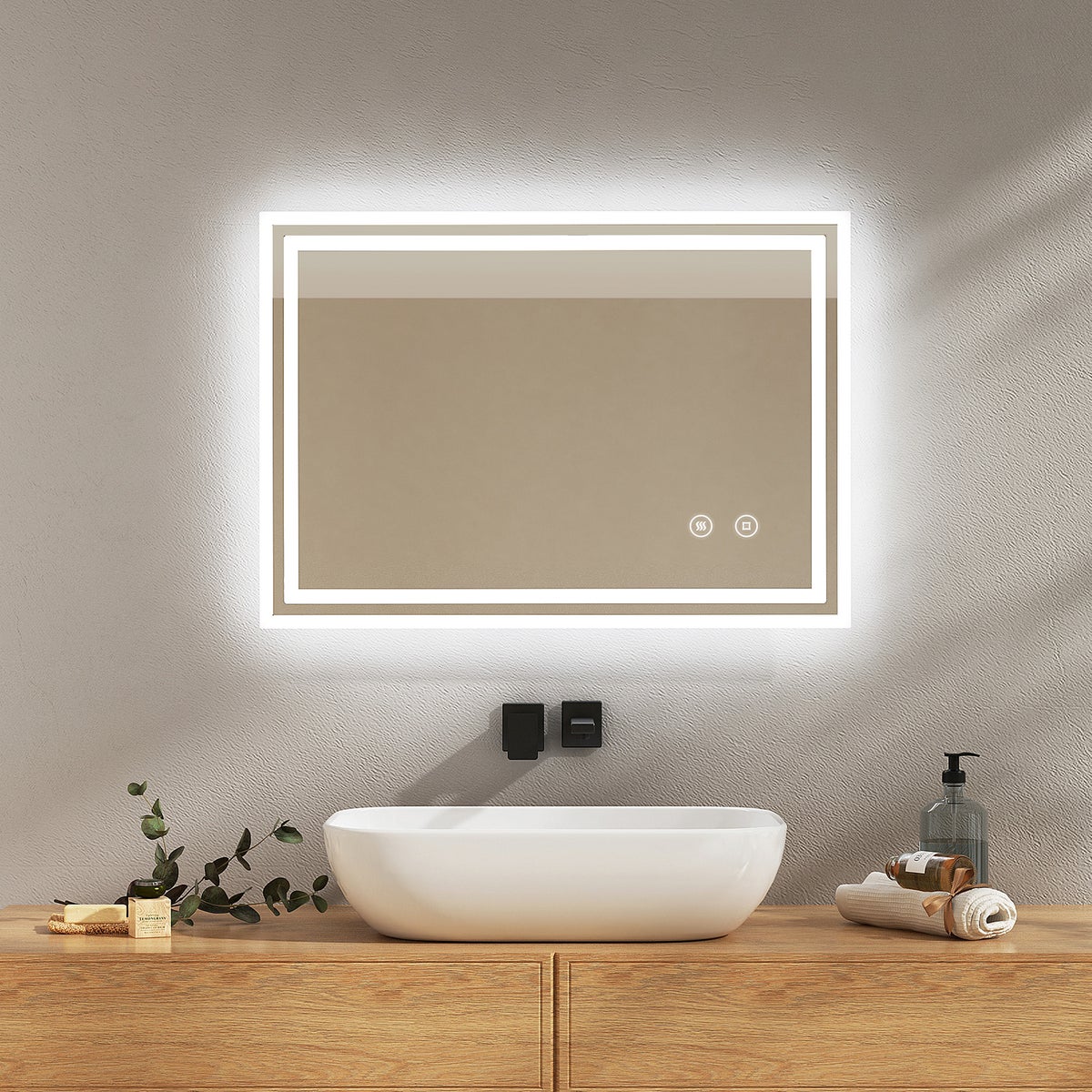 EMKE Badspiegel mit Touch 6500K LED-Beleuchtung eckig, Beschlagfrei, Helligkeit Einstellbar, Memory-Funktion, Horizontal&Vertical 70 x 50 cm
