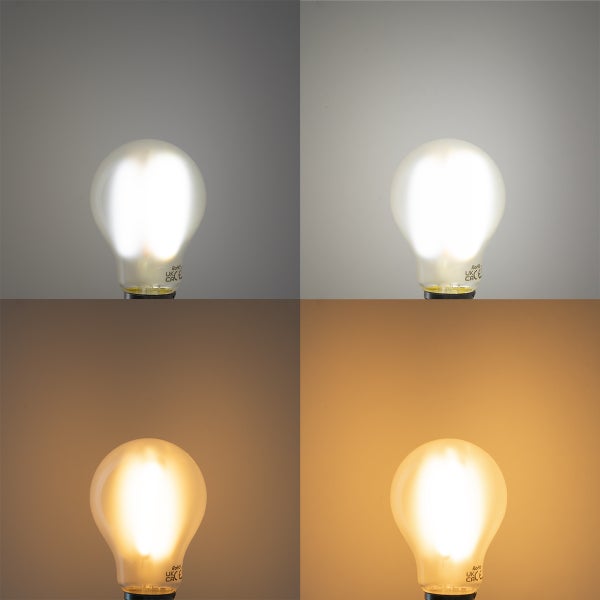 Vier Ansichten einer matten LED-Lampe mit verschiedenen Farbtemperaturen von kaltweiß bis extra warmweiß.