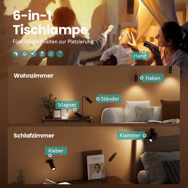 EMKE 6-in-1 LED Tischlampe Kabellos, Wiederaufladbare & Dimmbar, Touch Steuerung, 3 Farbmodi, 360° Einstellbare Magnetische Wandleuchte, USB-C, IP20, Schwarz - Ideal für Outdoor & Indoor Nutzung