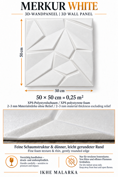 3D Wandpaneel Merkur aus XPS Polystyrolschaum mit geometrischem Relief, Maße 50 mal 50 Zentimeter, für trockene Innenräume geeignet.