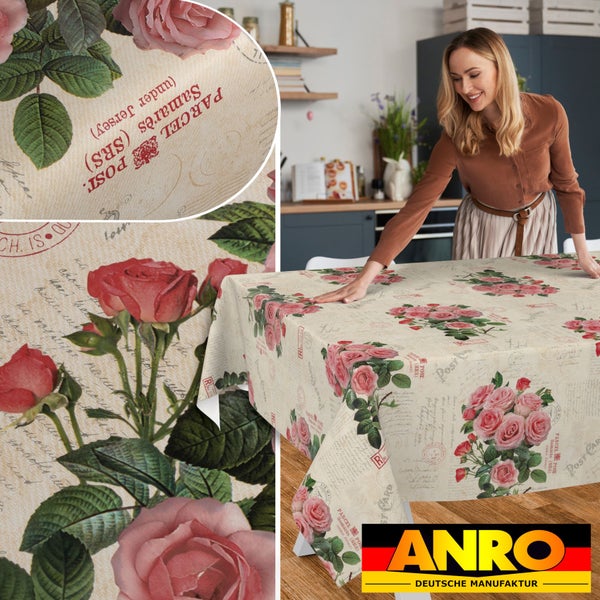 Tischdecke mit Rosen- und Vintage-Postkartenmuster in einer modernen Küche mit Detailansichten des Designs. ANRO Logo.