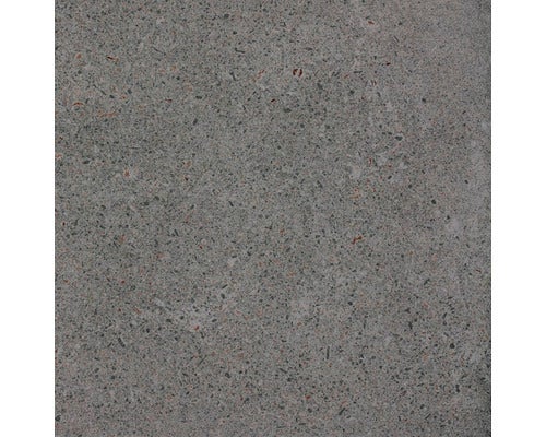 Nahaufnahme einer grauen Feinsteinzeugfliese mit gesprenkelter Oberfläche.