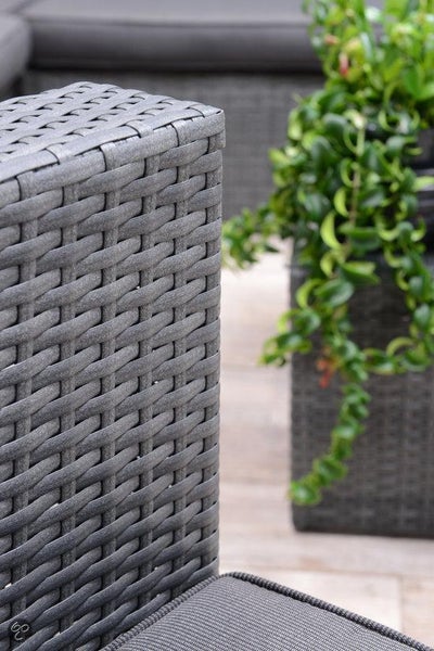 Detailaufnahme von grauem Polyrattan-Geflecht eines Gartenmöbelstücks mit einer Pflanze im Hintergrund.