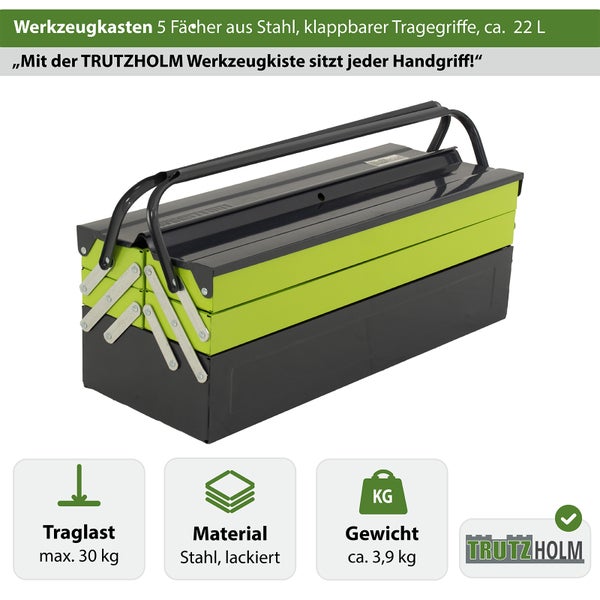 Werkzeugkasten aus Stahl mit 5 Fächern, klappbaren Griffen und circa 22 Liter Volumen