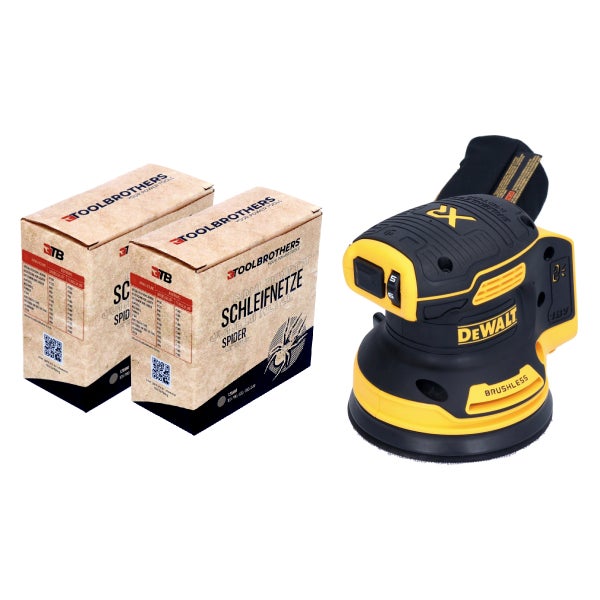 DeWalt Exzenterschleifer 18 Volt bürstenlos mit zwei Packungen Toolbrothers Schleifnetzen