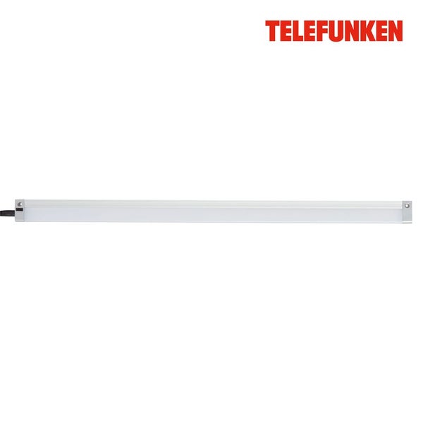 Telefunken LED-Unterbauleuchte, flache Lichtleiste mit weißer Abdeckung, silbernem Gehäuse und Telefunken Logo.