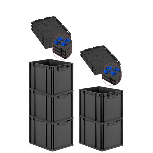 PROREGAL SparSet 5x Eurobox NextGen Grip mit Auflagedeckel inkl. 4 blauen Schiebeschnappverschlüssen, HxBxT 32x30x40cm, 30 Liter, Schwarz, Griffe geschlossen, Eurobehälter, Transportbox, Transportbehälter, Stapelbehälter