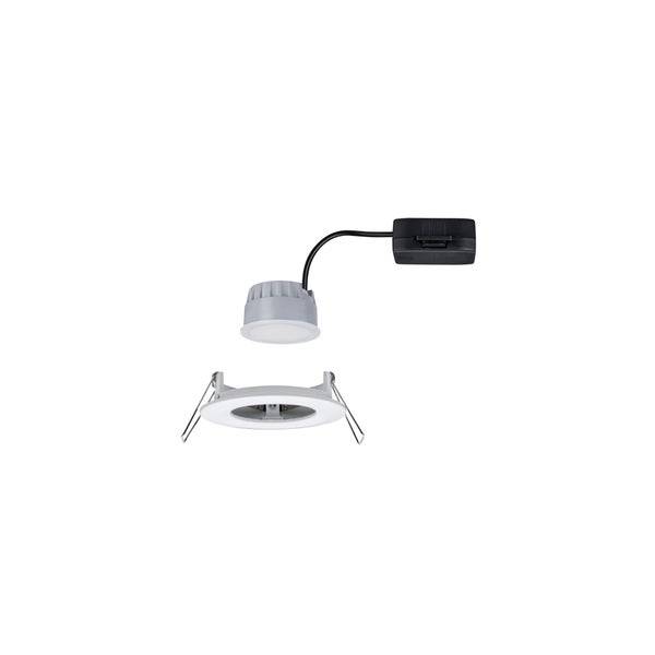 LED-Einbaustrahler bestehend aus Einbaurahmen mit Klemmfedern, LED-Modul und Anschlussbox.