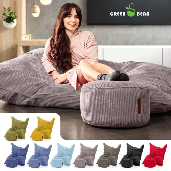 Green Bean Sitzsack + Pouf im Set - XXL Riesensitzsack mit passenden Fußhocker | EPS Füllung Bean Bag Bodenkissen Liegekissen Sitzkissen Indoor Drinnen Waschbar Grau