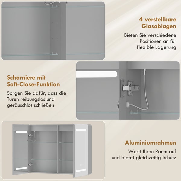 Badezimmer-Spiegelschrank mit Details: vier verstellbare Glasablagen, Scharniere mit Dämpfung, Aluminiumrahmen und integrierte Beleuchtung.