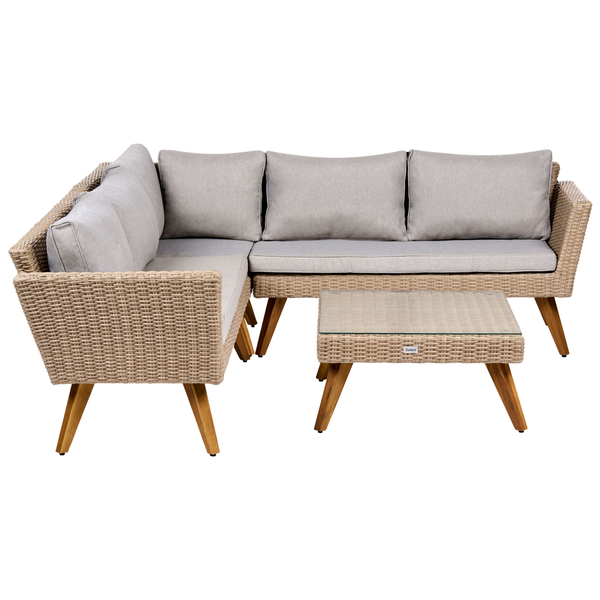 Garten-Lounge-Set aus Polyrattan mit Ecksofa, grauen Polstern und Couchtisch mit Glasplatte auf Holzfüßen.