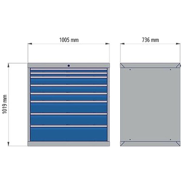 Dimensionszeichnung Werkzeugschrank mit Schubladen, 1005 x 736 x 1019 mm