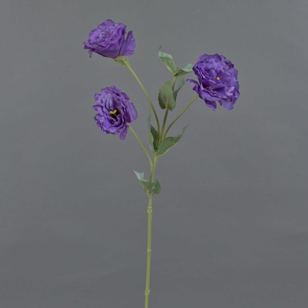 Künstliche Lisianthus mit drei violetten Blüten und grünen Blättern.