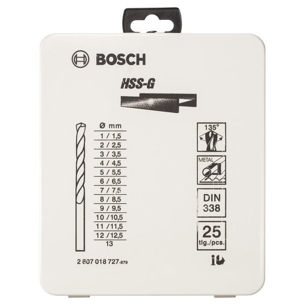 Bosch Metallbohrer-Set HSS-G, DIN 338, 135°, 25tlg., 1 - 13 mm, Metallkassette - 2607018727