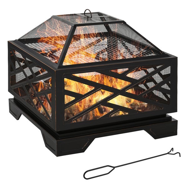 Outsunny Feuerschale mit Funkenschutz, mit Grillrost, Schürhaken, 2-in-1 BBQ Grill, für Garten, Balkon, 66 x 66 x 66 cm, Metall, Schwarz