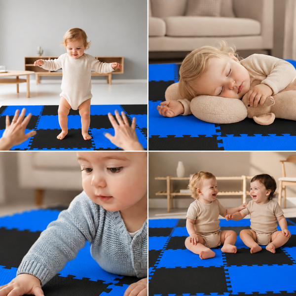 Vierteilige Collage zeigt Kleinkinder auf einer blauen und schwarzen Puzzlematte aus Schaumstoff für den Innenbereich als weicher Spielboden.