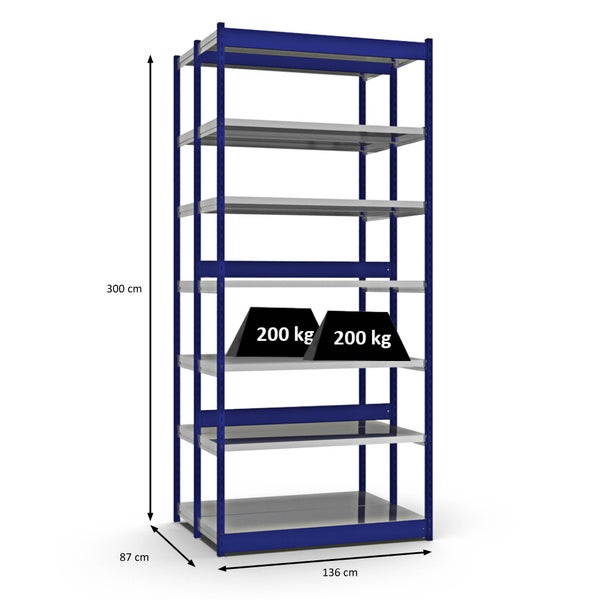 PROREGAL Fachbodenregal Stecksystem Vierkant-Profil Grundregal HxBxT 300 x 132,5 x 40 cm 2x7 Ebenen Doppelseitige Bauart Fachlast 200 kg Enzianblau