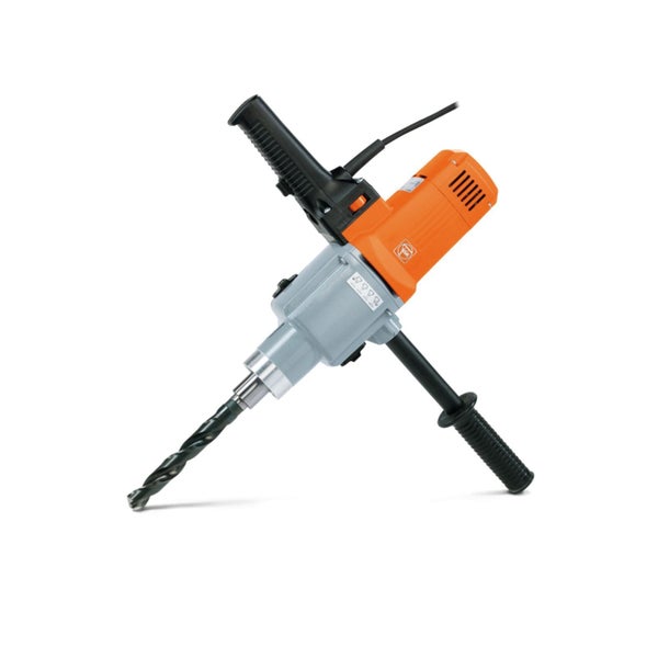 Fein Handbohrmaschine in Orange und Grau mit zwei Handgriffen und Spiralbohrer.