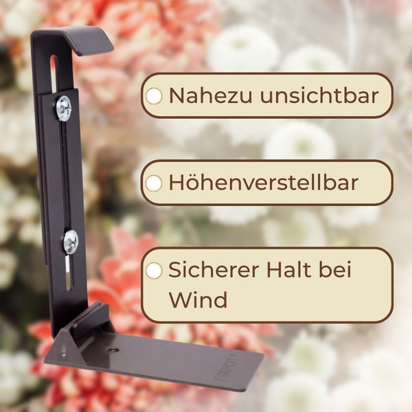 Fixpot Halterung mit den Eigenschaften: Nahezu unsichtbar, Höhenverstellbar und Sicherer Halt bei Wind.