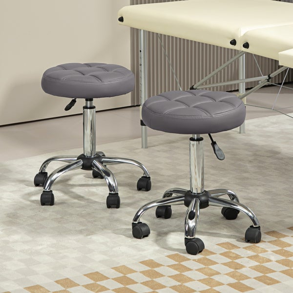 HOMCOM 2er-Set Rollhocker höhenverstellbar Drehhocker drehbar Arbeitshocker mit Rädern Salon Hocker für Wohnzimmer, Büro, Kunstleder, Ø35,5 x 63 cm, Grau