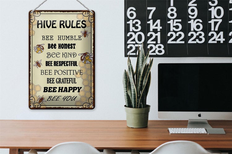 Blechschild Spruch 20x30cm Hive rules bee humble honest