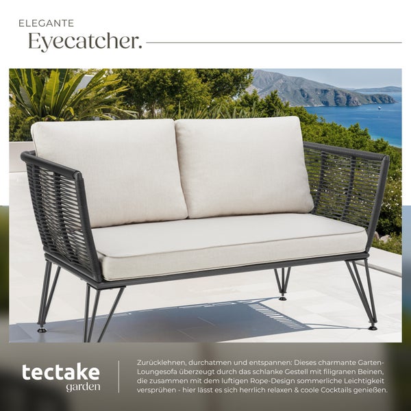 Garten-Loungesofa tectake Sundo 131 x 67 x 71 cm rundes Polyrattan im Rope-Design anthrazit