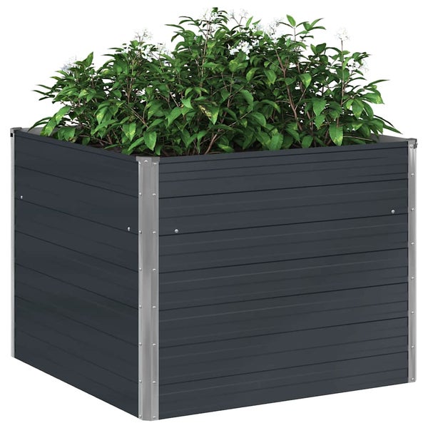 Quadratisches Hochbeet aus anthrazitfarbenen Paneelen mit Metallecken und einer Pflanze.