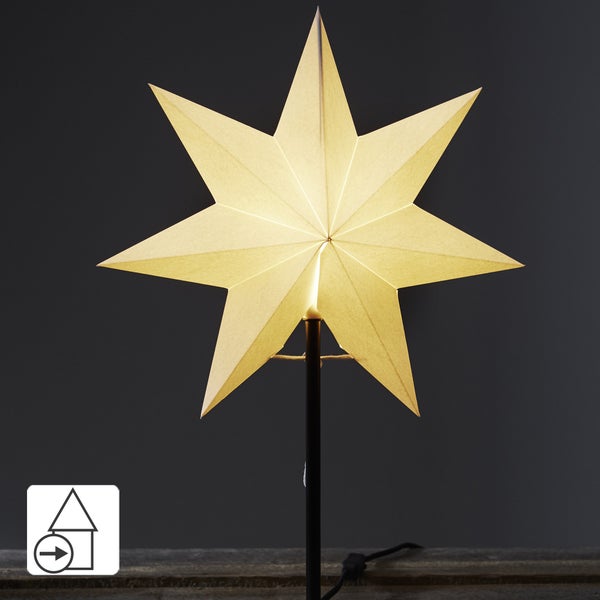 Dekorativer Papierstern mit Sockel und den Maßen 34 mal 55 Zentimeter.