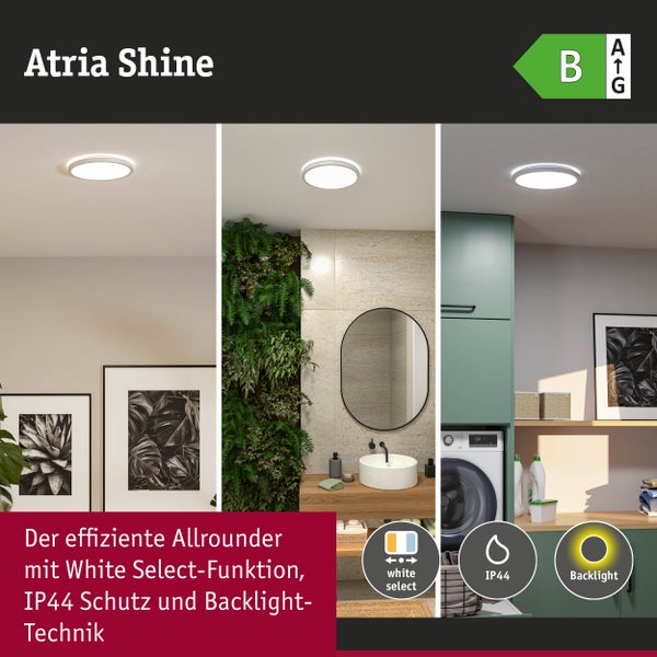 Atria Shine LED-Deckenleuchte mit White Select Funktion, Schutzart IP44 und Backlight-Technik. Energieeffizienzklasse B.