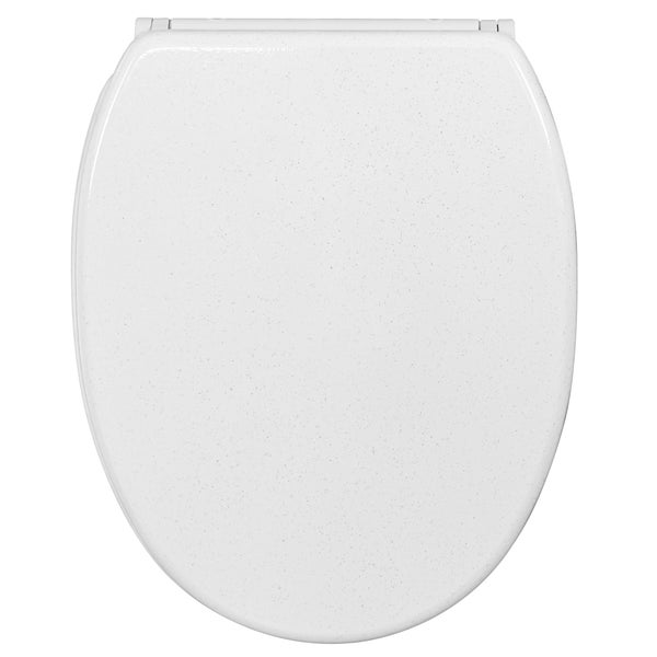 WC-Sitz mit Deckel in Weiß mit Glitzereffekt und ovaler Form.