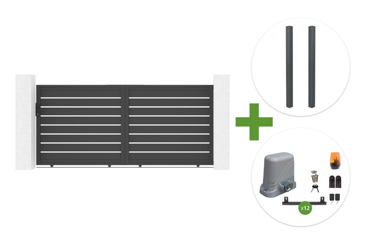 Schiebetor-Set inklusive elektrischem Antrieb, Pfosten und Zubehör, horizontales Lamellendesign.