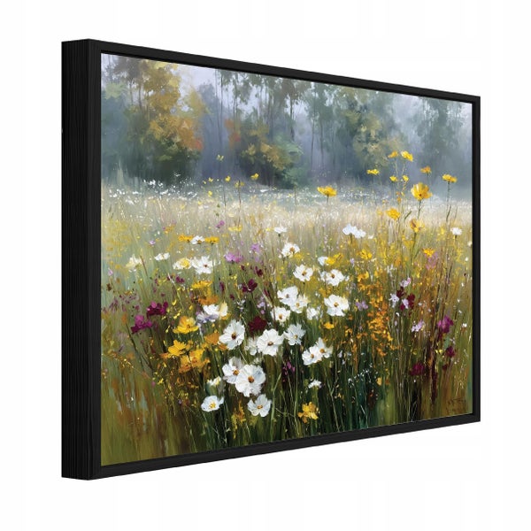 Wandbild mit einer Blumenwiese in einem schwarzen Rahmen in perspektivischer Ansicht