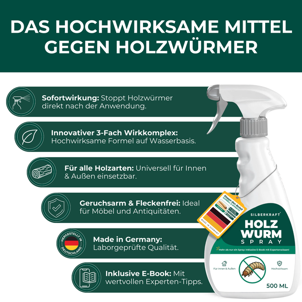 Silberkraft Holzwurm Spray zur Holzwurmbekämpfung, inklusive E-Book