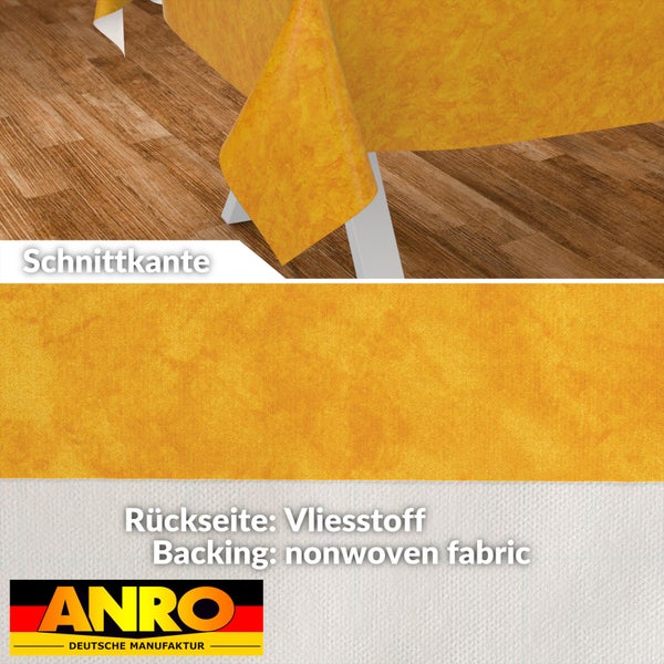 Gelbe abwischbare Tischdecke von ANRO mit strukturierter Oberfläche, Vliesstoff-Rückseite und Schnittkante. ANRO Deutsche Manufaktur Logo.