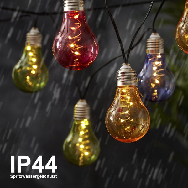 Lichterkette mit farbigen Glühbirnen und Schutzart IP44