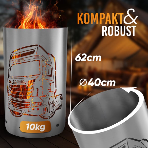 Feuersäule aus Metall mit Scania Lkw Motiv, 62 cm hoch, 40 cm Durchmesser, Gewicht 10 Kilogramm