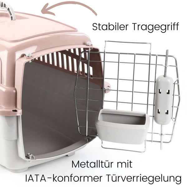 Haustiertransportbox mit stabilem Tragegriff und Metalltür mit IATA-konformer Türverriegelung
