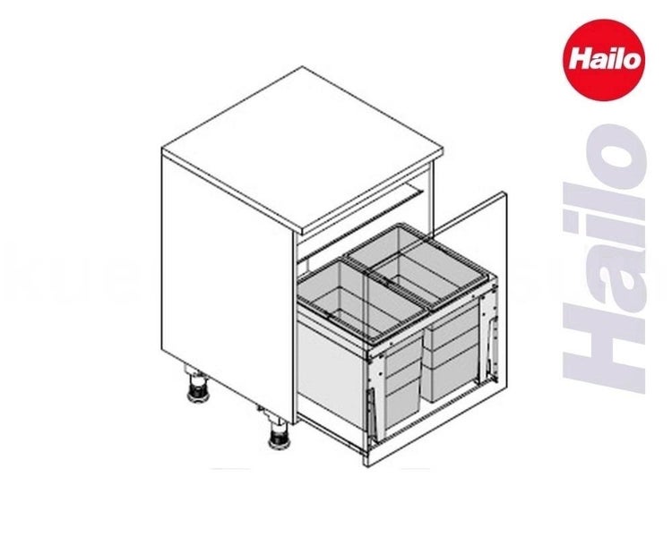 Hailo Abfalltrennsystem mit zwei Behältern für den Küchenunterschrank und Hailo Logo.