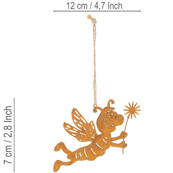Dekohänger Biene aus Metall in Rostoptik mit Blume zum Aufhängen, Breite 12 Zentimeter, Höhe 7 Zentimeter.