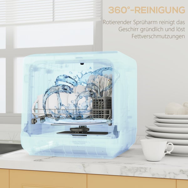 Kompakter Geschirrspüler mit Darstellung einer 360 Grad Reinigung durch einen rotierenden Sprüharm und Wasserfontänen im Inneren.
